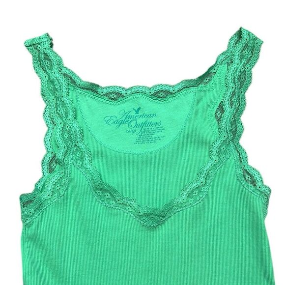 Y2K Vintage Tank Top Woman's XS American Eagle Green Lace Trim Eagle Logo Ribbed - Picture 2 of 10